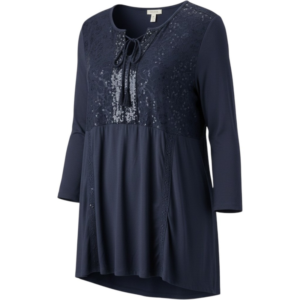 Chicos Navy Blue Sequin Lace Tassel Tunic Top Size 2 L Long Sleeve Split Neck